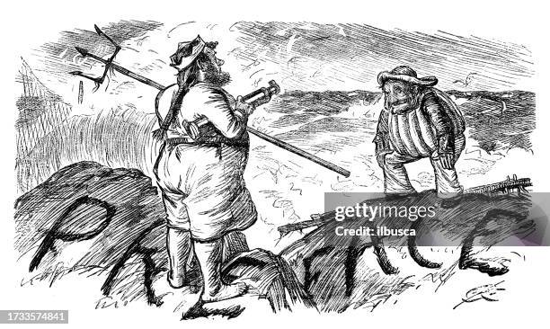 british satire caricature comic cartoon illustration - neptune trident stock illustrations