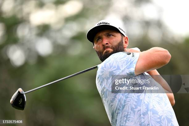 Jon Rahm of Spain tees off on the seventh hole on Day Two of the acciona Open de Espana presented by Madrid at Club de Campo Villa de Madrid on...