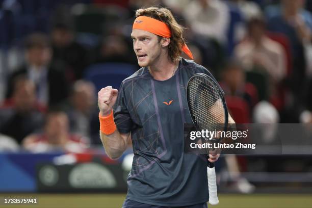 Andrey Rublev celebrates after winning the men's singles quarterfinal match against Ugo Humbert of France on Day 12 of 2023 Shanghai Rolex Masters at...