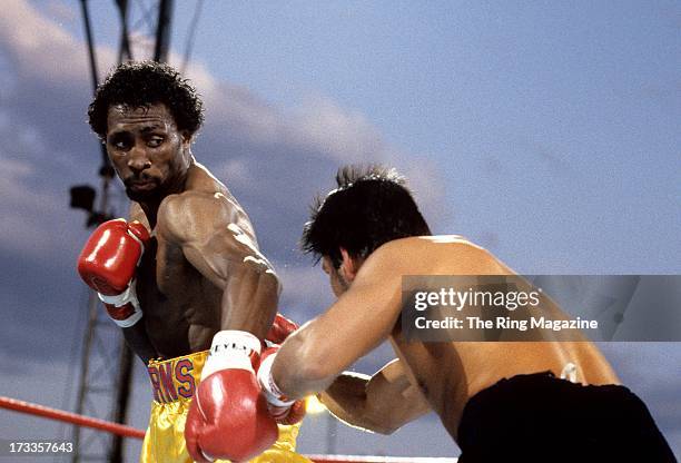 Thomas Hearns blocks the punch from Roberto Duran during the fight at Caesars Palace in Las Vegas, Nevada. Thomas Hearns won the WBC light...