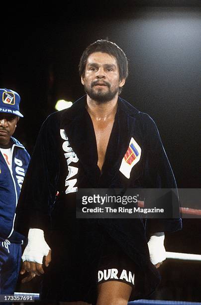 Roberto Duran walks in the right before the fight against Marvin Hagler at Caesars Palace IN Las Vegas, Nevada. Marvin Hagler won the WBC...