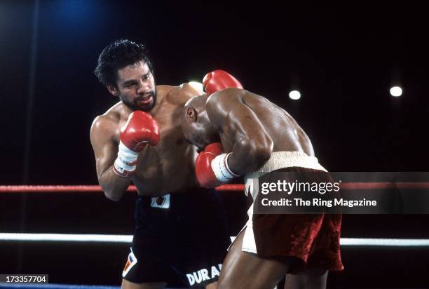 Roberto Duran lands a punch against Marvin Hagler during the fight at Caesars Palace IN Las Vegas, Nevada. Marvin Hagler won the WBC middleweight...