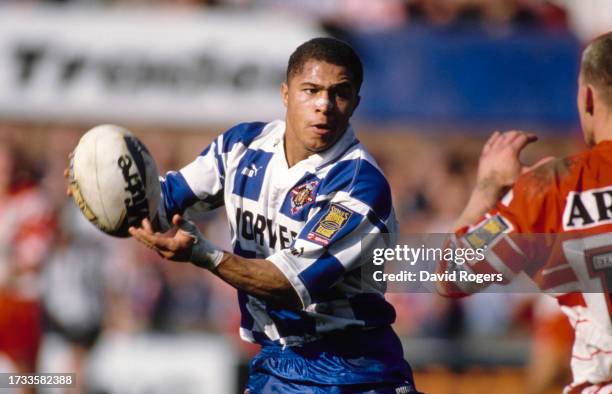 Wigan player Jason Robinson in action during a Super League match against St Helens on on April 5th, 1996 in St Helens, England.