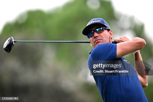 Rafa Cabrera Bello of Spain tees off on the seventh hole on Day Two of the acciona Open de Espana presented by Madrid at Club de Campo Villa de...