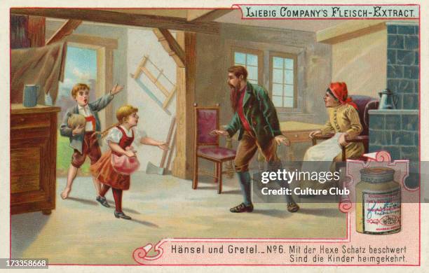 Hansel and Gretel by the Brothers Grimm .Caption reads: 'Weighed down with the witch's treasure, the children returned home' Liebig card, Hansel und...