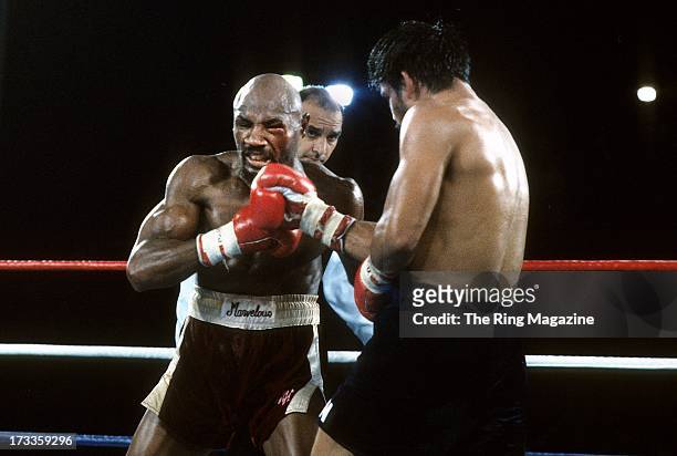 Marvin Hagler is hit with a punch from Roberto Duran during the fight at Caesars Palace IN Las Vegas, Nevada. Marvin Hagler won the WBC middleweight...