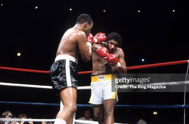 Tim Witherspoon lands a punch against Greg Page during the fight at Convention Center in Las Vegas, Nevada. Tim Witherspoon won the vacant WBC...