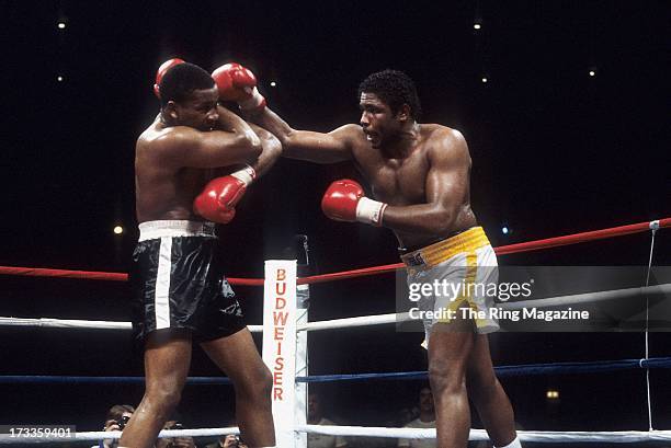 Greg Page lands a punch against Tim Witherspoon during the fight at Convention Center in Las Vegas, Nevada. Tim Witherspoon won the vacant WBC...