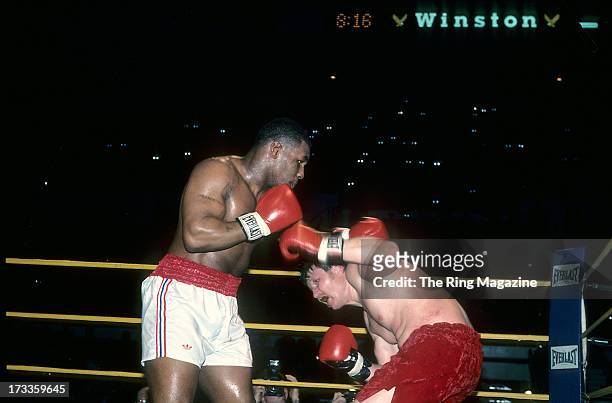 Mike Tyson lands a punch against Steve Zouski during the fight at Nassau Coliseum in Uniondale, New York. Mike Tyson won by a KO 3.
