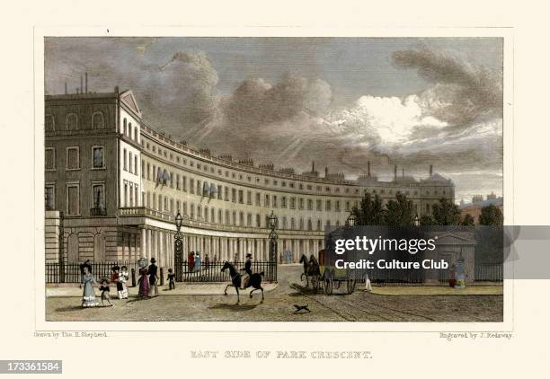 East Side of Park Crescent. Drawn by Thomas Hosmer Shepherd 1792  1864. Engraved by J Redaway. Hand coloured. Near Regents Park,