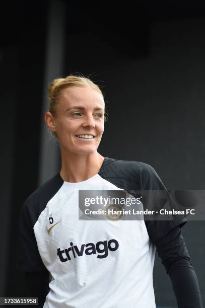 Sophie Ingle of Chelsea reacts prior to a Chelsea FC Women's Training Session at Chelsea Training Ground on October 13, 2023 in Cobham, England.