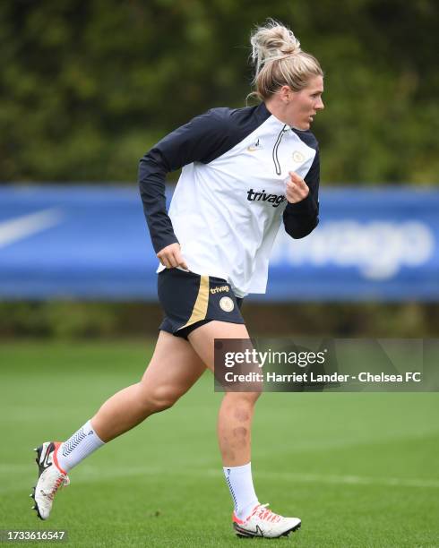 Millie Bright of Chelsea in action during a Chelsea FC Women's Training Session at Chelsea Training Ground on October 13, 2023 in Cobham, England.