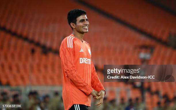 Shubman Gill of India looks on during the ICC Men's Cricket World Cup India 2023 India & Pakistan Net Sessions at Narendra Modi Stadium on October...