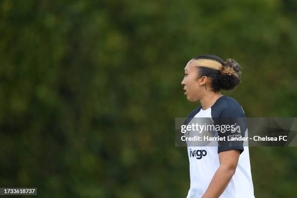 Lauren James of Chelsea looks on during a Chelsea FC Women's Training Session at Chelsea Training Ground on October 13, 2023 in Cobham, England.