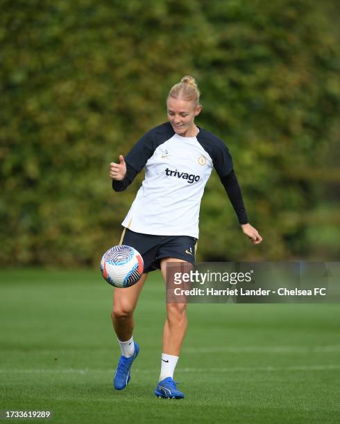 Sophie Ingle of Chelsea in action during a Chelsea FC Women's Training Session at Chelsea Training Ground on October 13, 2023 in Cobham, England.