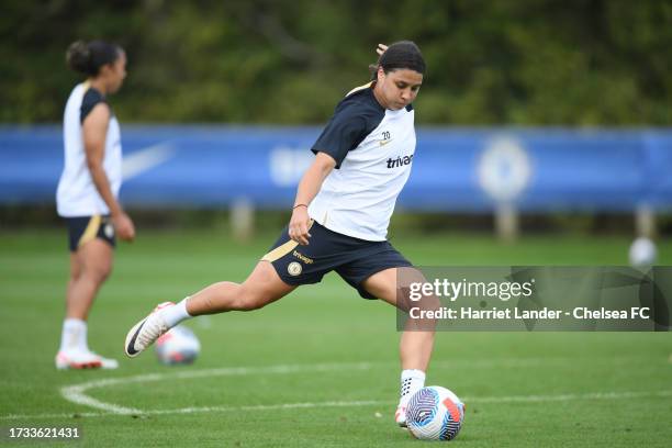 Sam Kerr of Chelsea in action during a Chelsea FC Women's Training Session at Chelsea Training Ground on October 13, 2023 in Cobham, England.