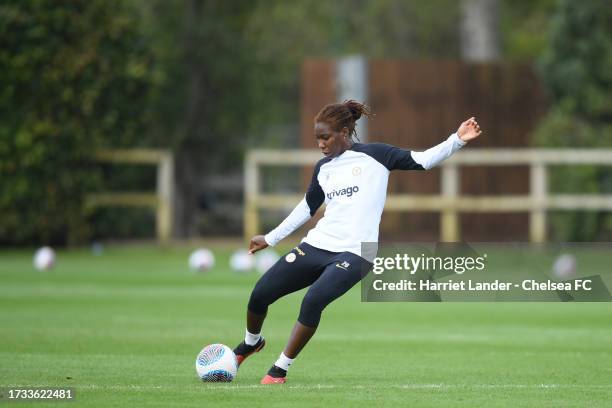 Kadeisha Buchanan of Chelsea in action during a Chelsea FC Women's Training Session at Chelsea Training Ground on October 13, 2023 in Cobham, England.