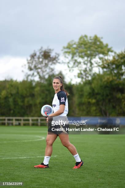 Eve Perisset of Chelsea looks on during a Chelsea FC Women's Training Session at Chelsea Training Ground on October 13, 2023 in Cobham, England.