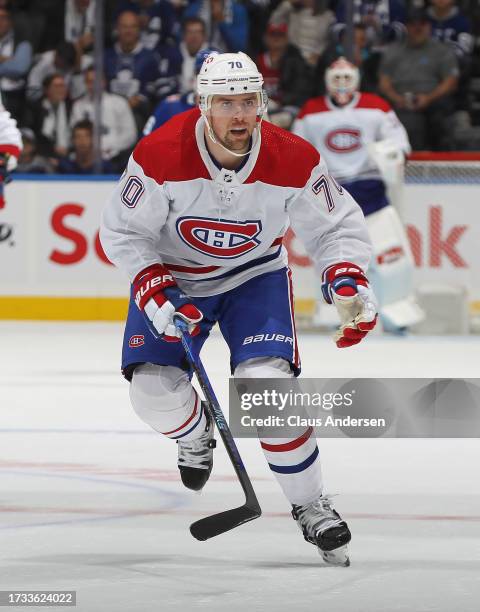 Tanner Pearson of the Montreal Canadiens skates against the Toronto Maple Leafs during the third period in an NHL game at Scotiabank Arena on October...