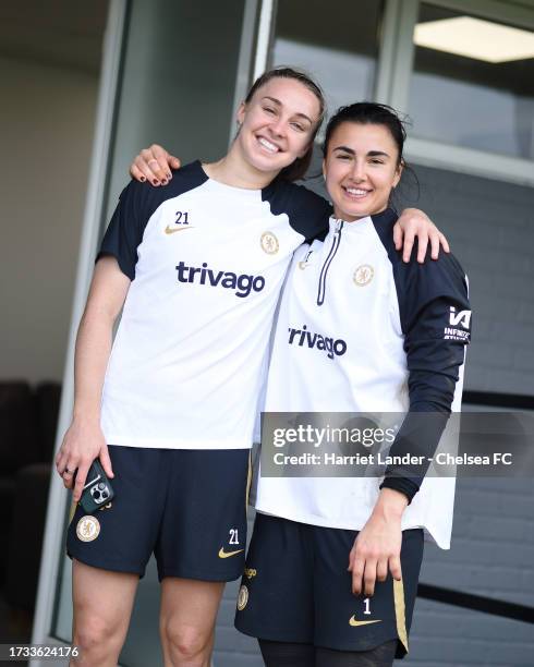 Niamh Charles and Zecira Musovic of Chelsea pose for a photo during a Chelsea FC Women's Training Session at Chelsea Training Ground on October 13,...