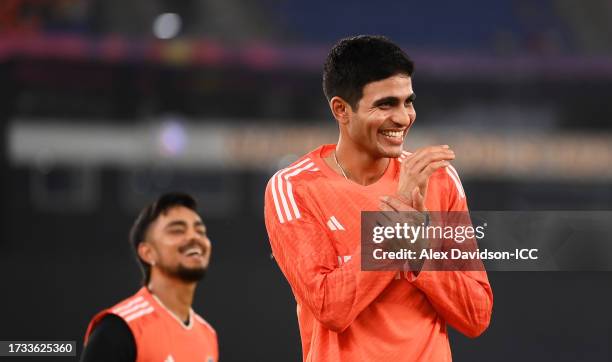 Shubman Gill of India looks on during the ICC Men's Cricket World Cup India 2023 India & Pakistan Net Sessions at Narendra Modi Stadium on October...