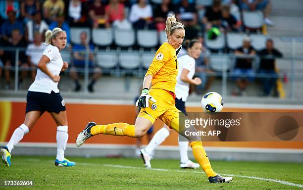 England's goal keeper Karen Bardsley controls the ball during the UEFA Women's EURO 2013 group C soccer match between England and Spain at...