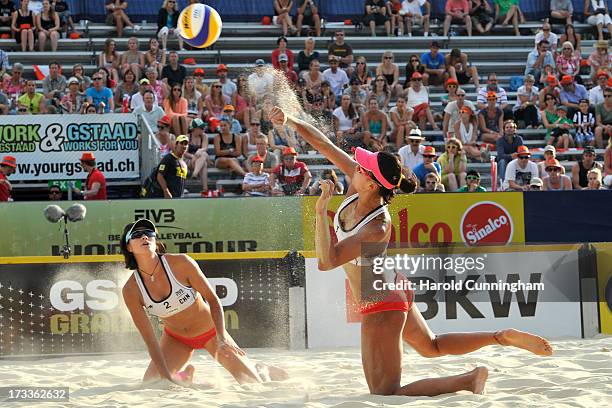 China's Chen Xue controls the ball as Xi Zhang looks on during the Antonelli-Agatha v Xue-Zhang Xi game as part of the FIVB Gstaad Grand Slam fourth...