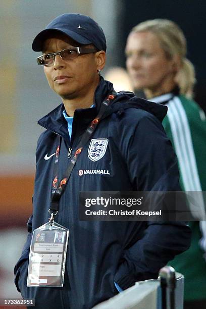 Head coach Hope Powell of England looks thoughtful during the UEFA Women's EURO 2013 Group C match between England and Spain at Linkoping Arena on...