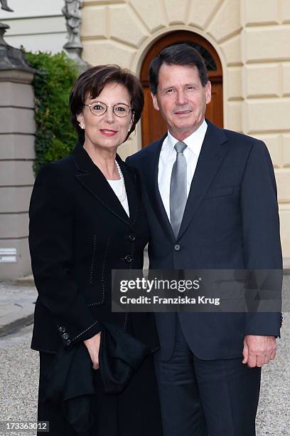 Emilia Mueller and her husband Erich Mueller attend the opera 'La Traviata' at the Thurn & Taxis Castle Festival Opening on July 12, 2013 in...