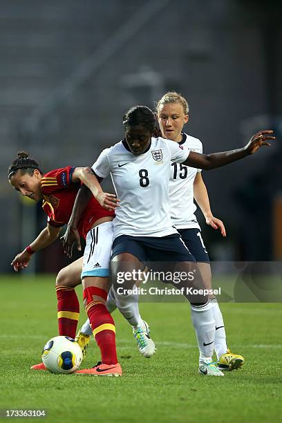 Anita Asante of England challenges Jennifer Hemoso of Spain during the UEFA Women's EURO 2013 Group C match between England and Spain at Linkoping...