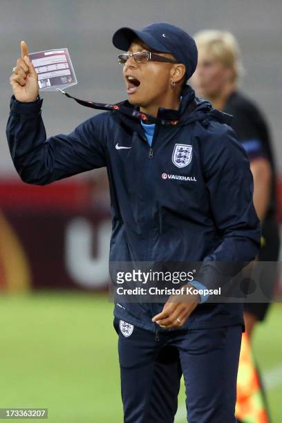 Head coach Hope Powell of England shouts during the UEFA Women's EURO 2013 Group C match between England and Spain at Linkoping Arena on July 12,...