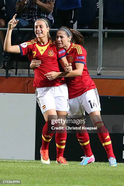 Alexia Putellas of Spain celebrates the third and decision goal with Vicky Losada during the UEFA Women's EURO 2013 Group C match between England and...