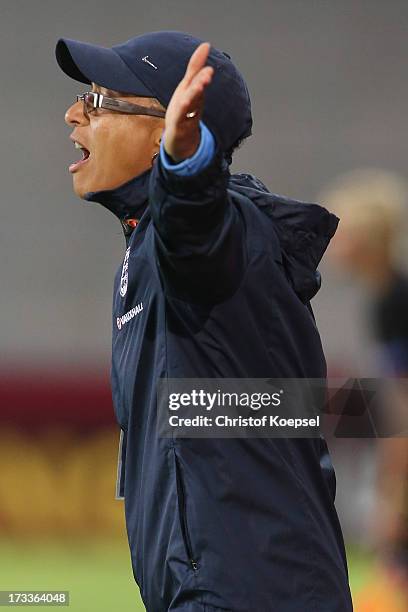 Head coach Hope Powell of England shouts during the UEFA Women's EURO 2013 Group C match between England and Spain at Linkoping Arena on July 12,...