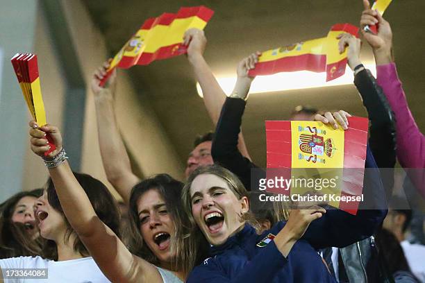 Fans of Spain celebrate during the UEFA Women's EURO 2013 Group C match between England and Spain at Linkoping Arena on July 12, 2013 in Linkoping,...