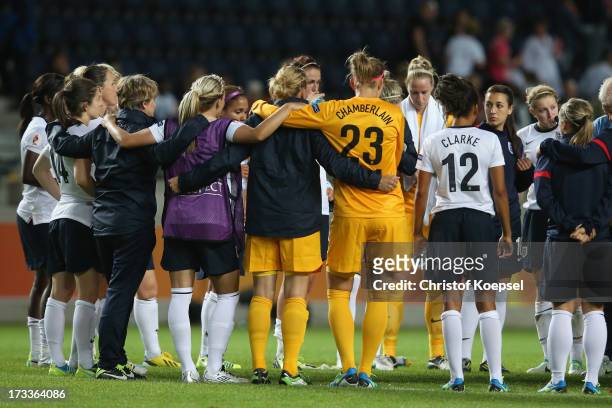 The team of England comes together after losing the UEFA Women's EURO 2013 Group C match between England and Spain at Linkoping Arena on July 12,...