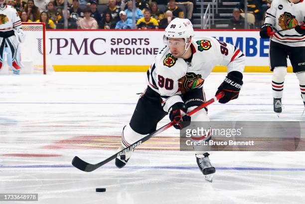 Tyler Johnson of the Chicago Blackhawks skates against the Pittsburgh Penguins at PPG PAINTS Arena on October 10, 2023 in Pittsburgh, Pennsylvania.