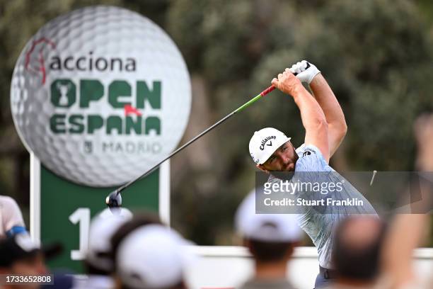 Jon Rahm of Spain tees off on the 13th hole on Day Two of the acciona Open de Espana presented by Madrid at Club de Campo Villa de Madrid on October...