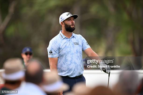 Jon Rahm of Spain tees off on the 13th hole on Day Two of the acciona Open de Espana presented by Madrid at Club de Campo Villa de Madrid on October...