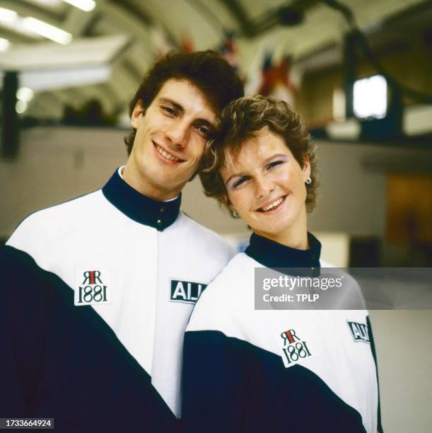 Portrait of Italian pairs figure skaters Robert Pelizzola and Isabella Micheli as they pose on an ice rink, Helsinki, Finland, September 26, 1983....
