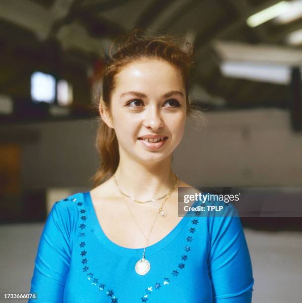 Portrait of Czech figure skater Jindra Hola as she poses on an ice rink, Helsinki, Finland, September 26, 1983. The photo was taken during a practice...