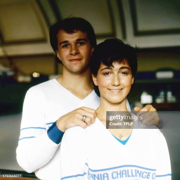 Portrait of Canadian pairs figure skaters Lyndon Johnston and Melina Kunhegyi as they pose on an ice rink, Helsinki, Finland, September 26, 1983. The...