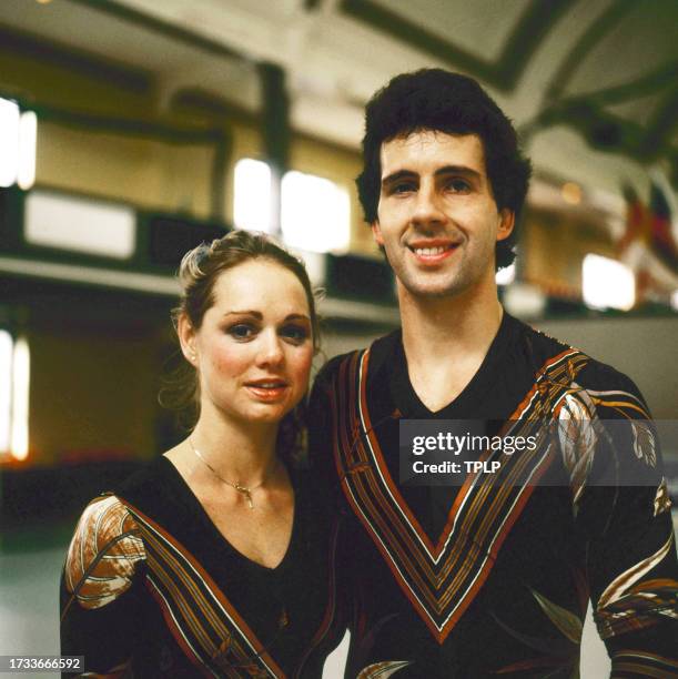 Portrait of American pairs figure skaters Lea Ann Miller and Bill Fauver as they pose on an ice rink, Helsinki, Finland, September 26, 1983. The...