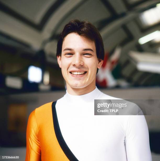 Portrait of Canadian figure skater Wayne Deweyert as he poses on an ice rink, Helsinki, Finland, September 26, 1983. The photo was taken during a...
