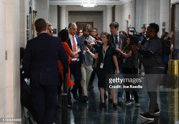 Rep. Mario Diaz-Balart speaks to reporters during a House Republican caucus meeting at the Longworth House Office Building on October 13, 2023 in...