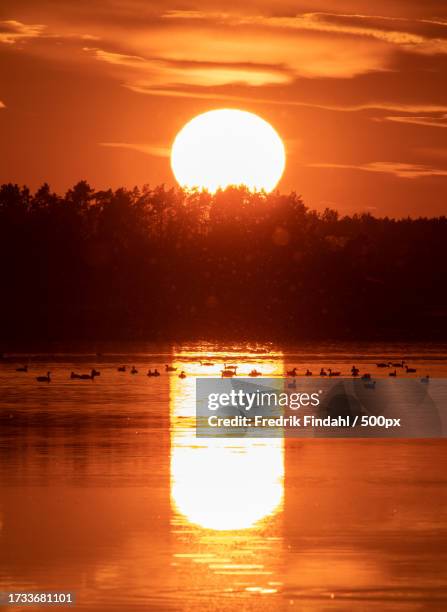 scenic view of lake against orange sky - landskap stock-fotos und bilder