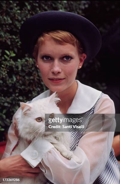 February 2: Actress Mia Farrow posing with a cat on February 2,1968 in New York, New York.