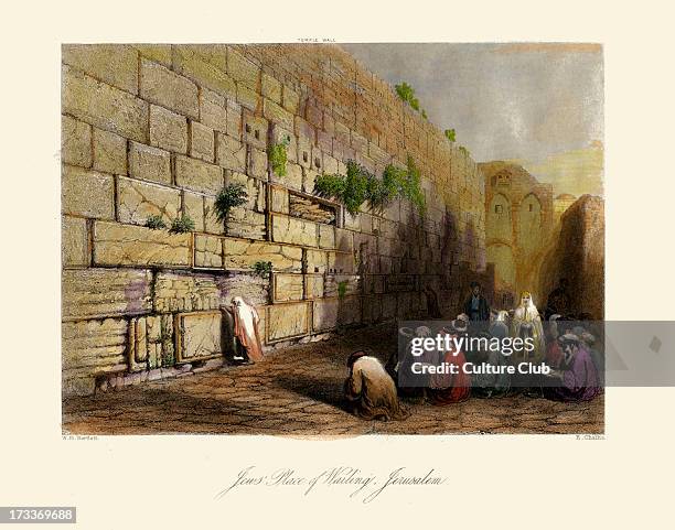 The Holy Land - Jews Place of Wailing, Jerusalem. C.1840 hand coloured engraving.Drawn by William Henry Bartlett : 26 March 1809  13 September 1854....