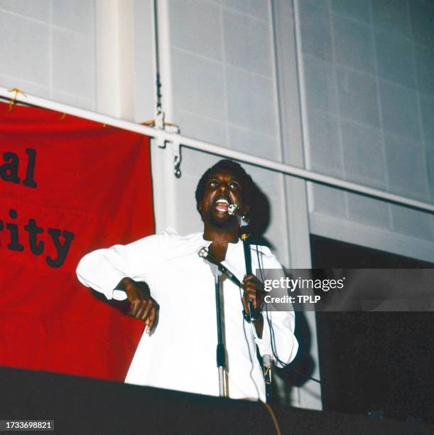 Trinidadian-born Civil Rights activist Kwame Ture speaks during an unspecified rally, Guinea, September 29, 1983.