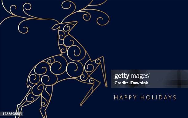 happy holidays greeting design in gold color with curls and embellishments abstract deer - line embellishment stock illustrations