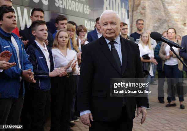 Jaroslaw Kaczynski, leader of the ruling national conservative Law and Justice party , speaks while visiting a shooting range on the last day of...